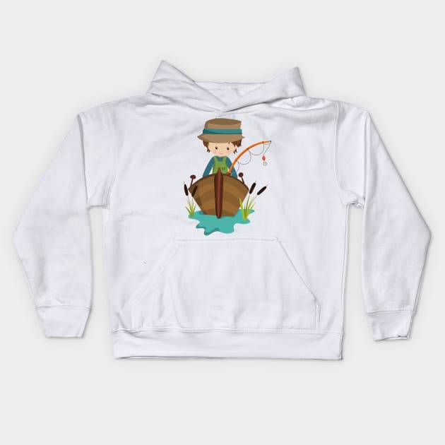 Fishing Boy, Fisherman, Fishing Rod, Brown Hair Kids Hoodie by Jelena Dunčević